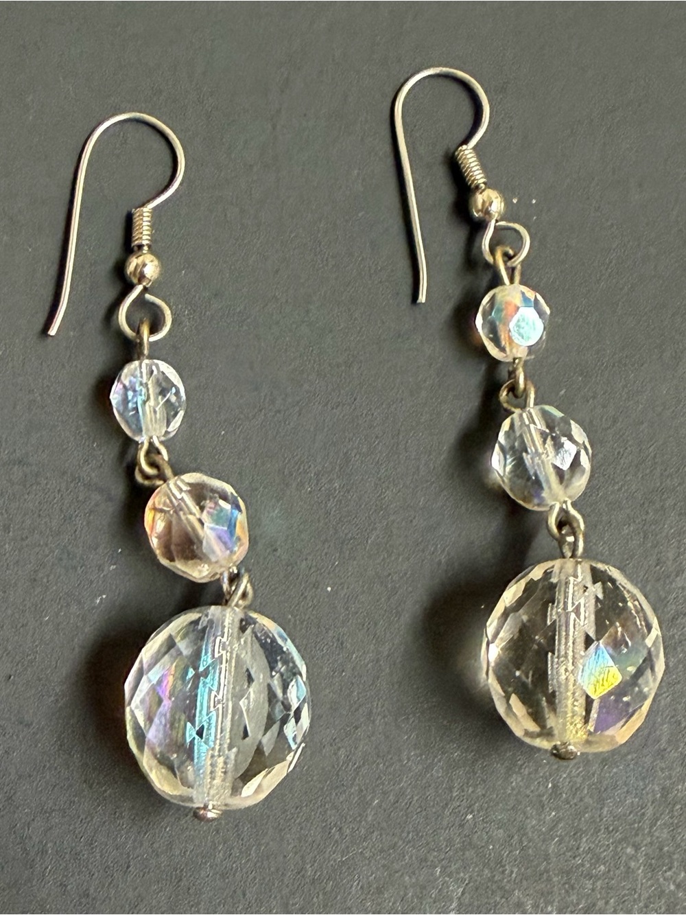 Sterling Silver Crystal Drop Dangle Earrings - Clear Aurora 10 grams
